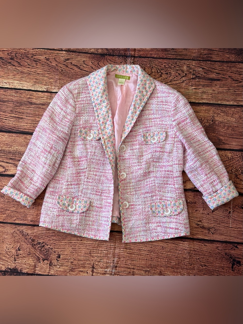 Vintage Sigrid Olsen Pink Tweed Blazer Jacket Size 12 Polka Dot‎ Trim Prep